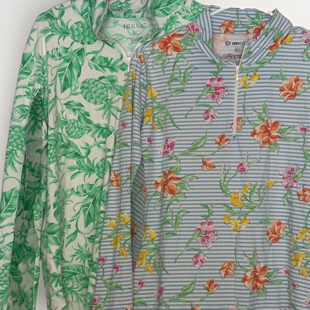 IBKUL Lot of 2 Women's XL Golf Tops Floral Pineapple 1/4 Zip Sun Shirt